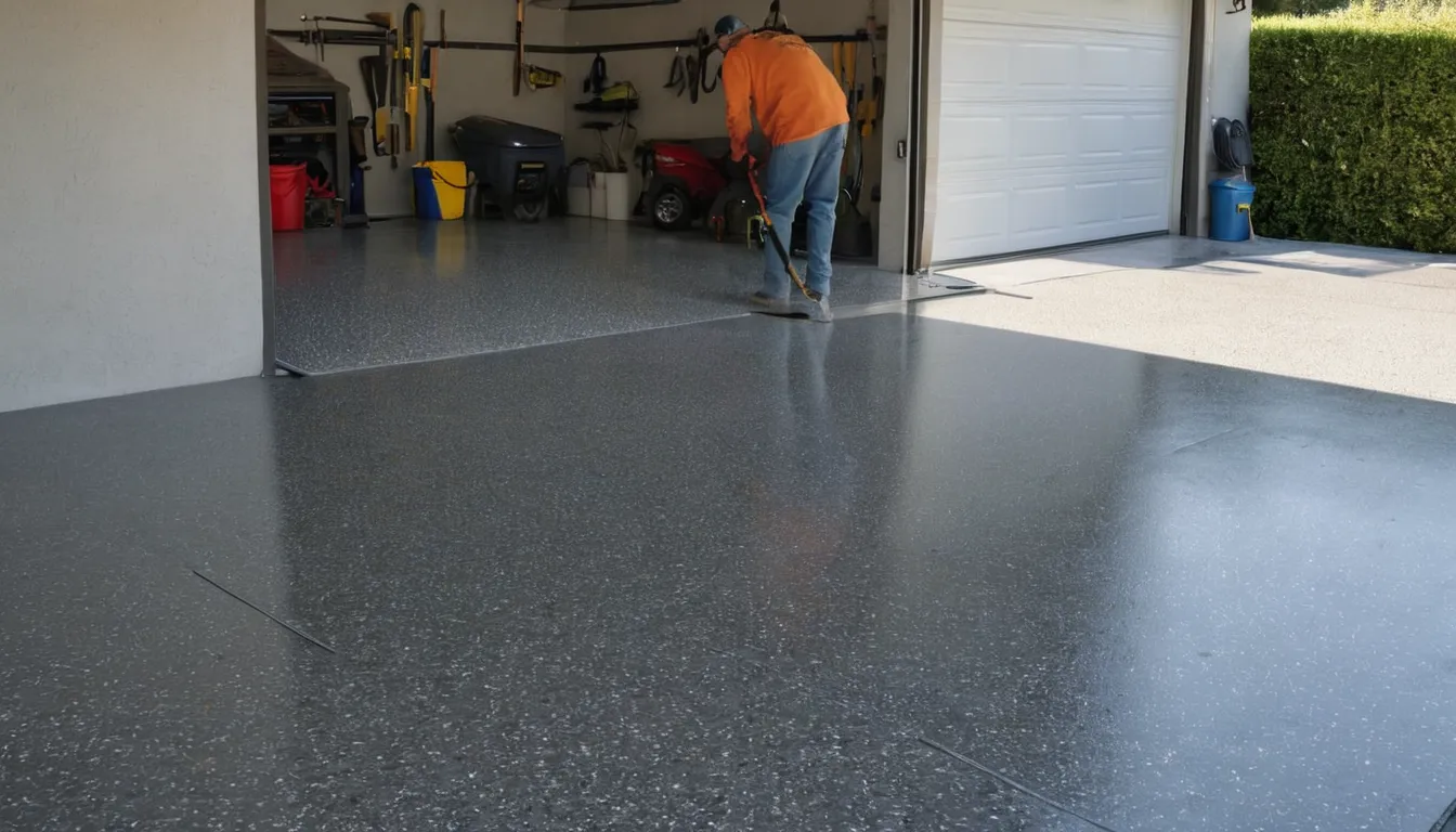 Provider rolling a fresh flake epoxy coating onto a clean garage floor in the Vernon area